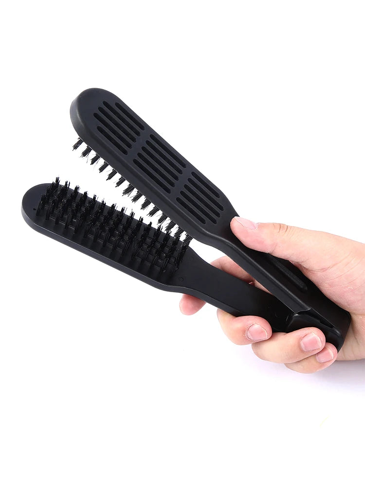 V-Shape Double Brush Hair Straightening Comb | Wooden Handle