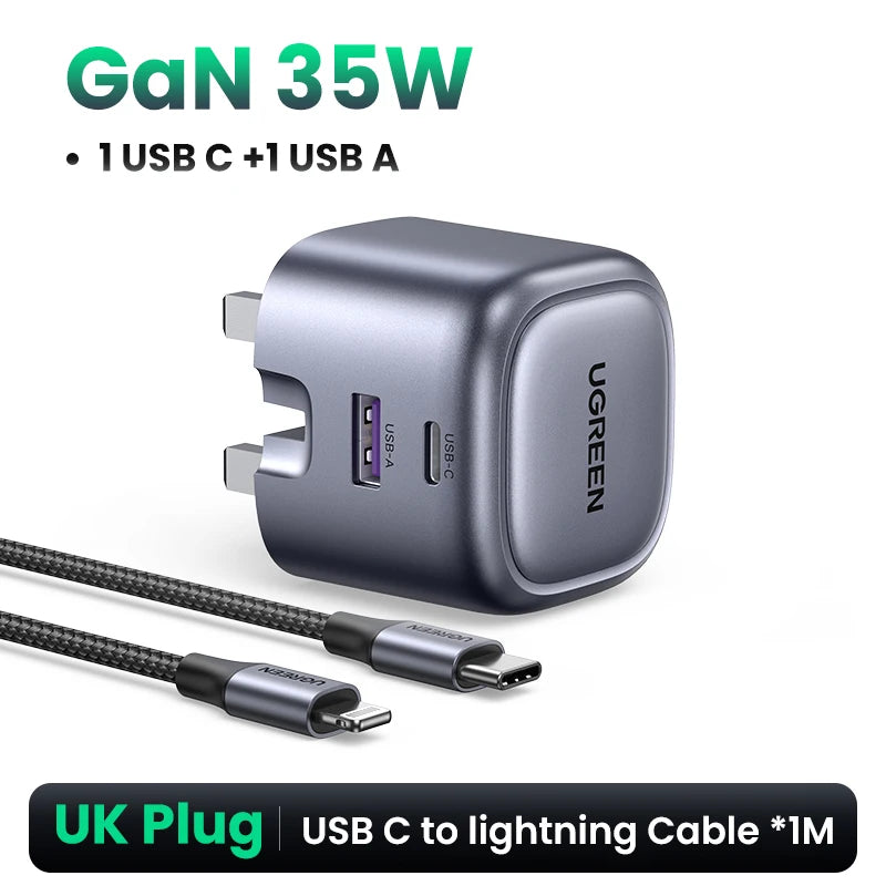 UGREEN 35W GaN Fast Charger USB-C PD & USB-A Dual Port GaN Wall Charger PRIMED UK Add iPhone Cable uzbekistan