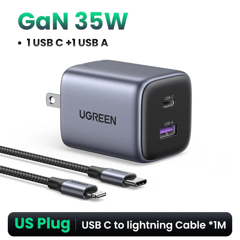 UGREEN 35W GaN Fast Charger USB-C PD & USB-A Dual Port GaN Wall Charger PRIMED US Add iPhone Cable uzbekistan