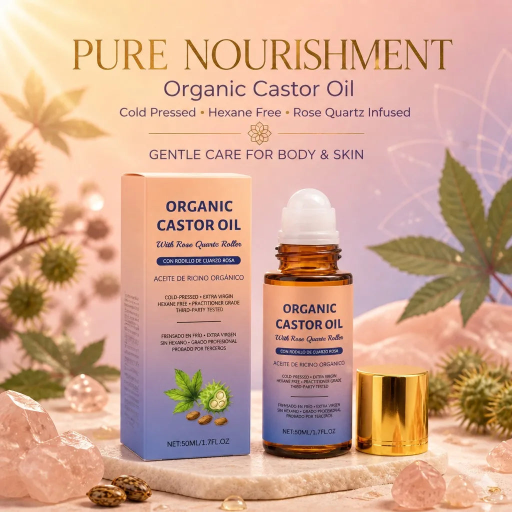 Organic Castor Oil Rose Quartz Roller – Cold Pressed 50ml Body Skin Care Oil PRIMED