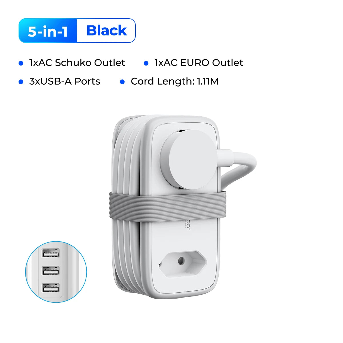 ORICO EU Travel Power Strip 5-in-1 | 2AC 3USB 1.1m Travel Power Strip PRIMED 2A3U White United States EU Plug