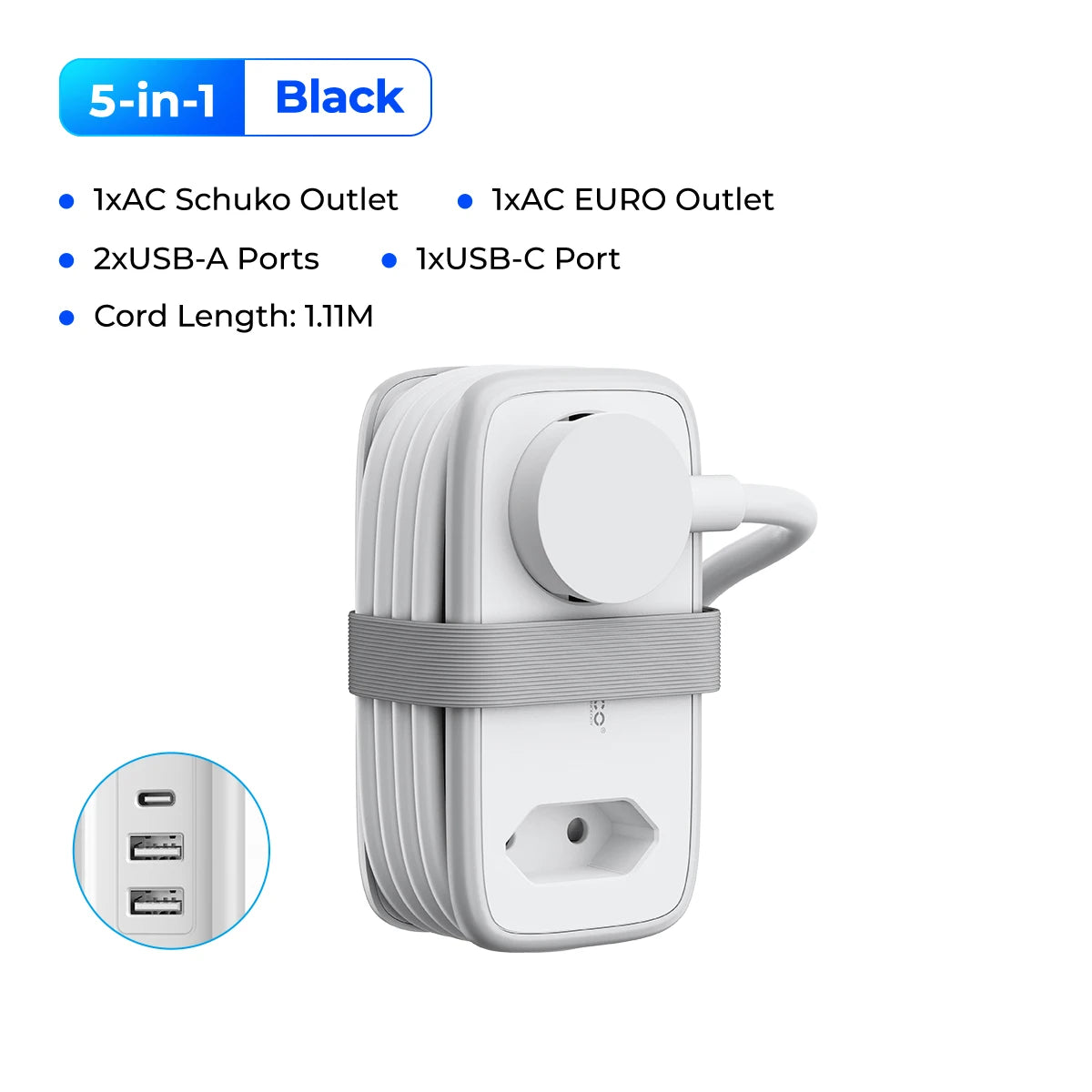 ORICO EU Travel Power Strip 5-in-1 | 2AC 3USB 1.1m Travel Power Strip PRIMED 2A2U1C White belgium EU Plug