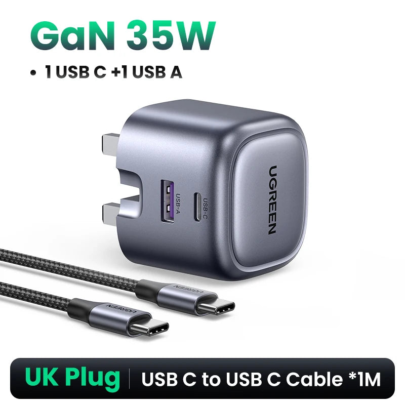 UGREEN 35W GaN Fast Charger USB-C PD & USB-A Dual Port GaN Wall Charger PRIMED UK Add PD60W Cable uzbekistan