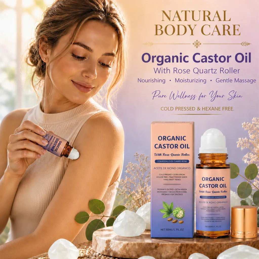 Organic Castor Oil Rose Quartz Roller – Cold Pressed 50ml Body Skin Care Oil PRIMED