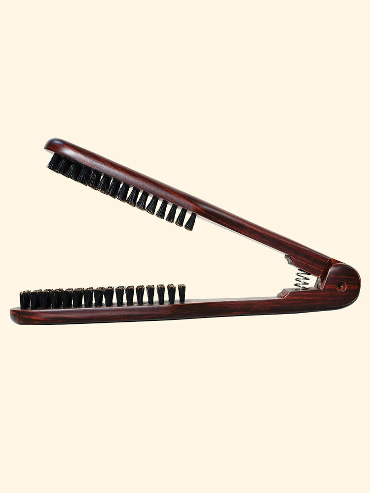V-Shape Double Brush Hair Straightening Comb | Wooden Handle