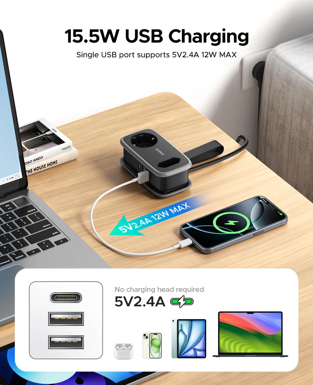ORICO EU Travel Power Strip 5-in-1 | 2AC USB-C 1.1M Cord Travel Power Strip PRIMED