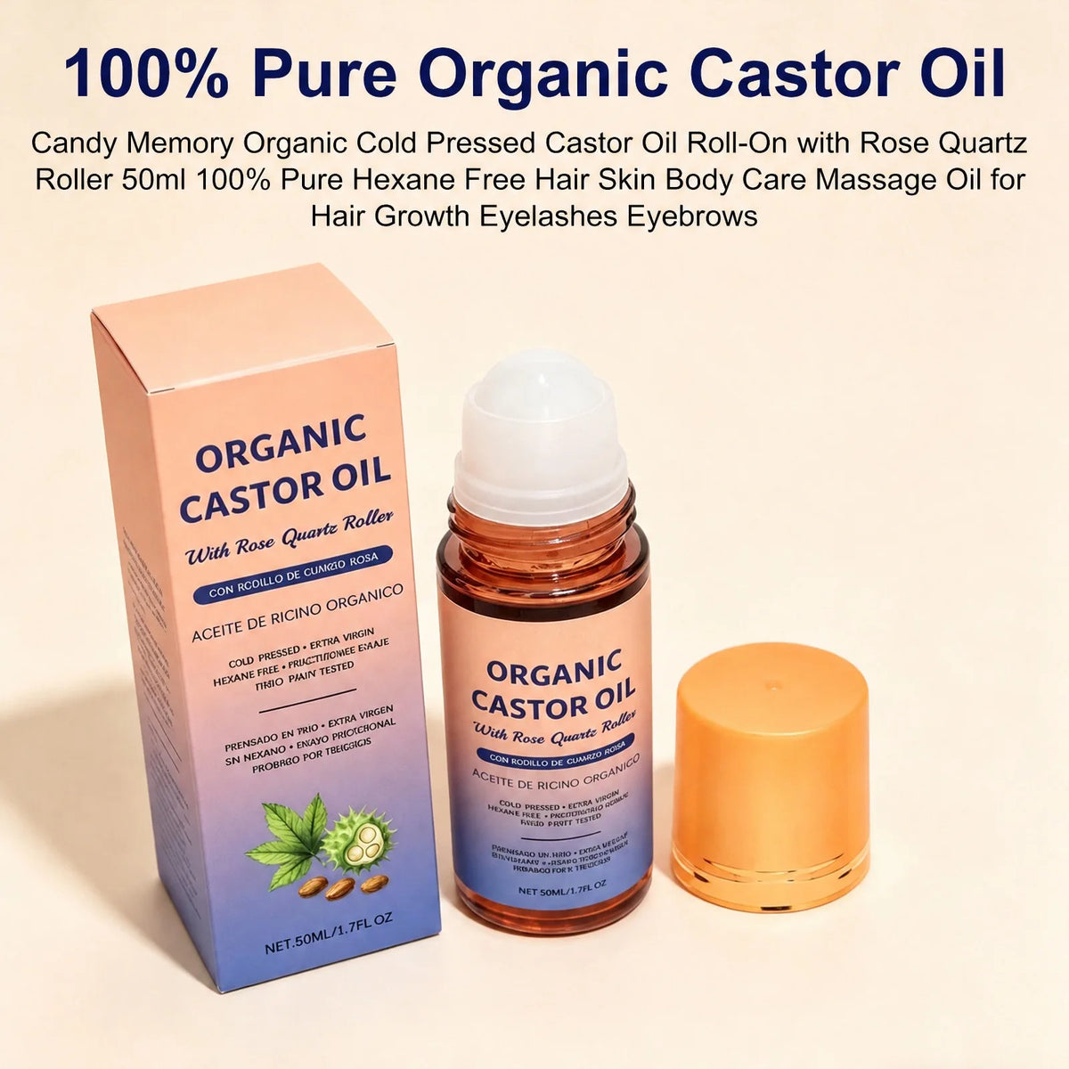 Organic Castor Oil Rose Quartz Roller – Cold Pressed 50ml Body Skin Care Oil PRIMED