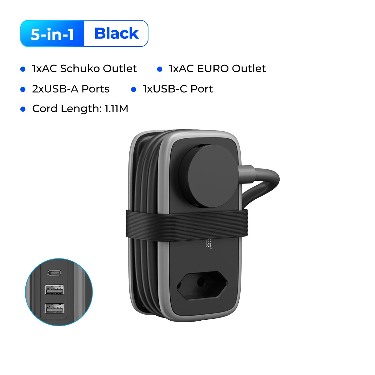 ORICO EU Travel Power Strip 5-in-1 | 2AC 3USB 1.1m Travel Power Strip PRIMED 2A2U1C Black belgium EU Plug
