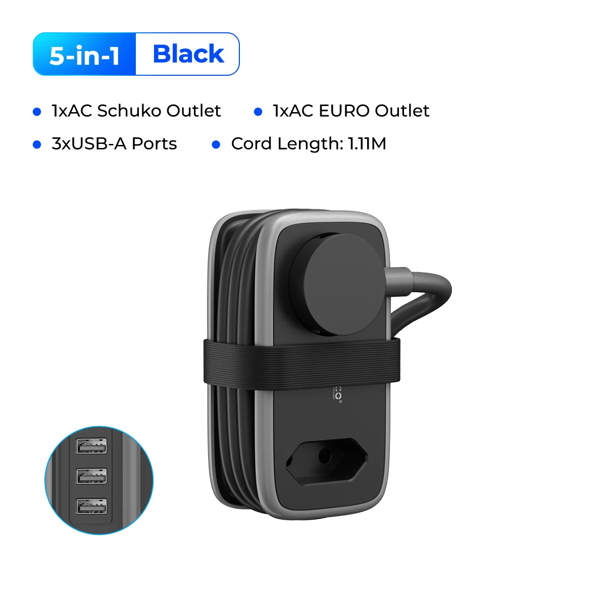 ORICO EU Travel Power Strip 5-in-1 | 2AC 3USB 1.1m Travel Power Strip PRIMED 2A3U Black Russian Federation EU Plug