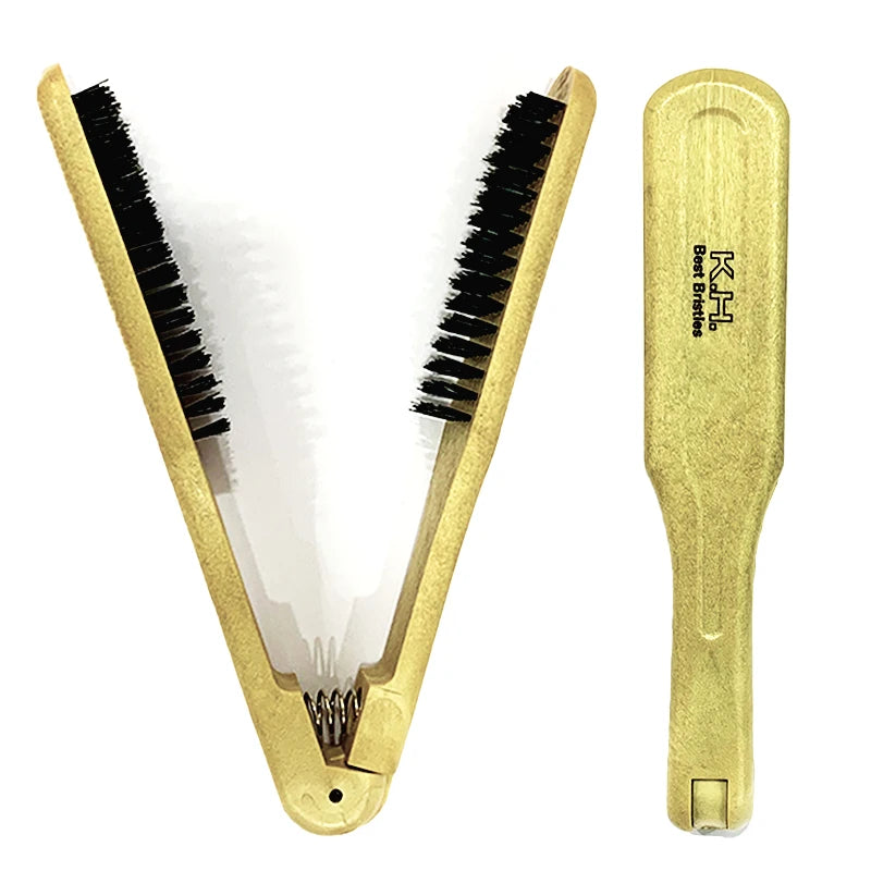 V-Shape Double Brush Hair Straightening Comb | Wooden Handle