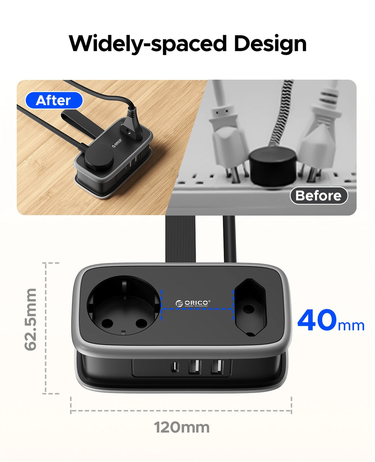 ORICO EU Travel Power Strip 5-in-1 | 2AC USB-C 1.1M Cord Travel Power Strip PRIMED
