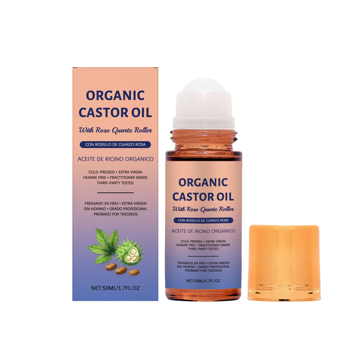 Organic Castor Oil Rose Quartz Roller – Cold Pressed 50ml Body Skin Care Oil PRIMED 50ml Boxed