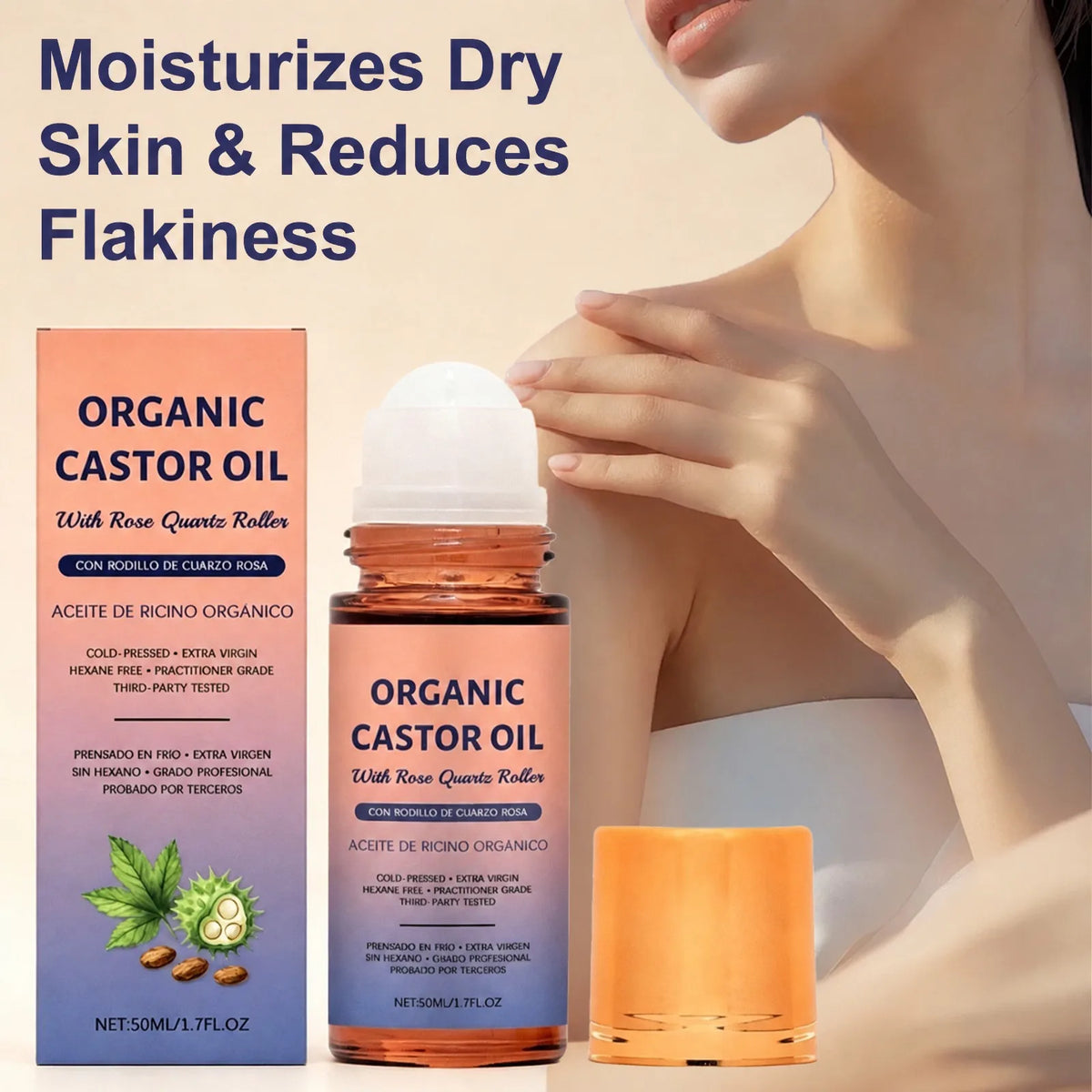 Organic Castor Oil Rose Quartz Roller – Cold Pressed 50ml Body Skin Care Oil PRIMED