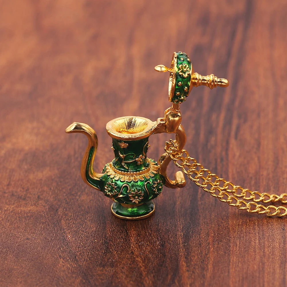 Vintage Enamel Green Teapot Pendant Long Chain Necklace Pendant Necklace PRIMED