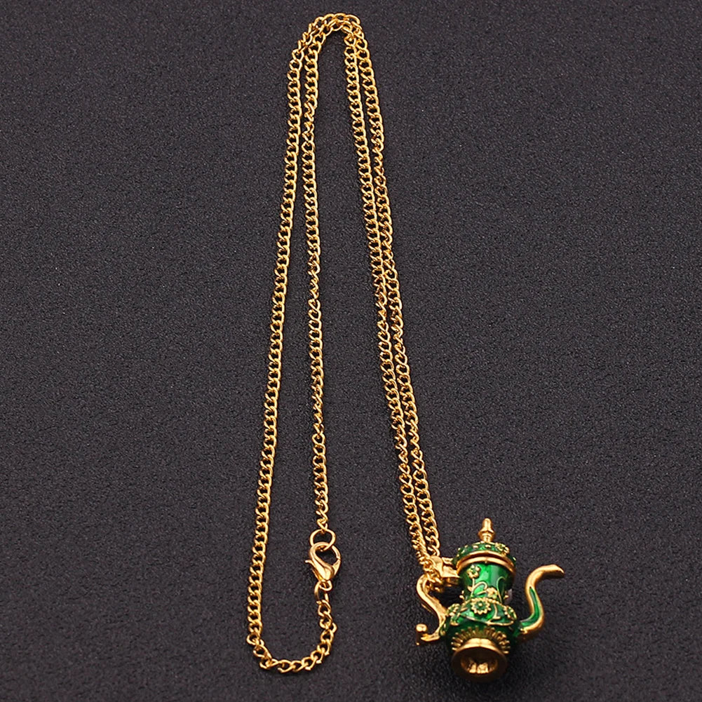 Vintage Enamel Green Teapot Pendant Long Chain Necklace Pendant Necklace PRIMED