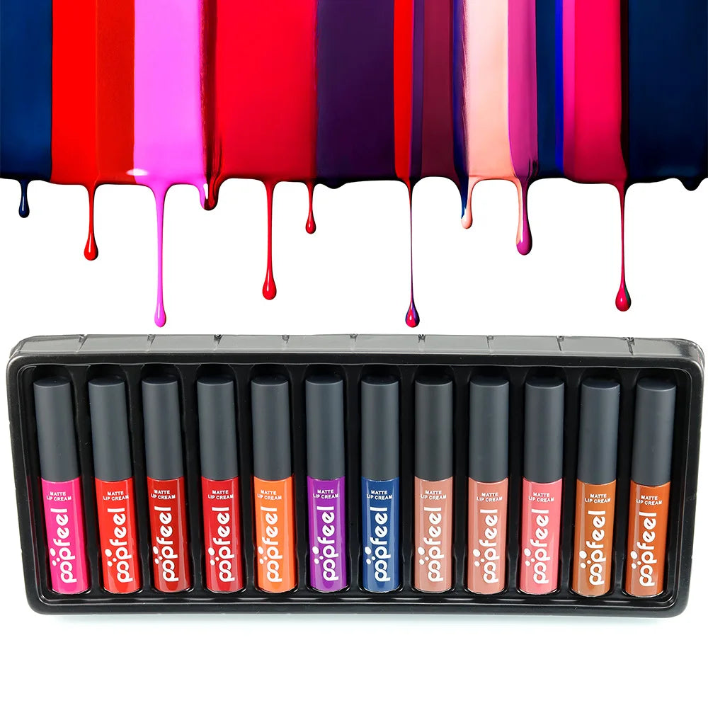 Popfeel 12-Pc Matte Liquid Lipstick Set – Waterproof Nude Lip Gloss