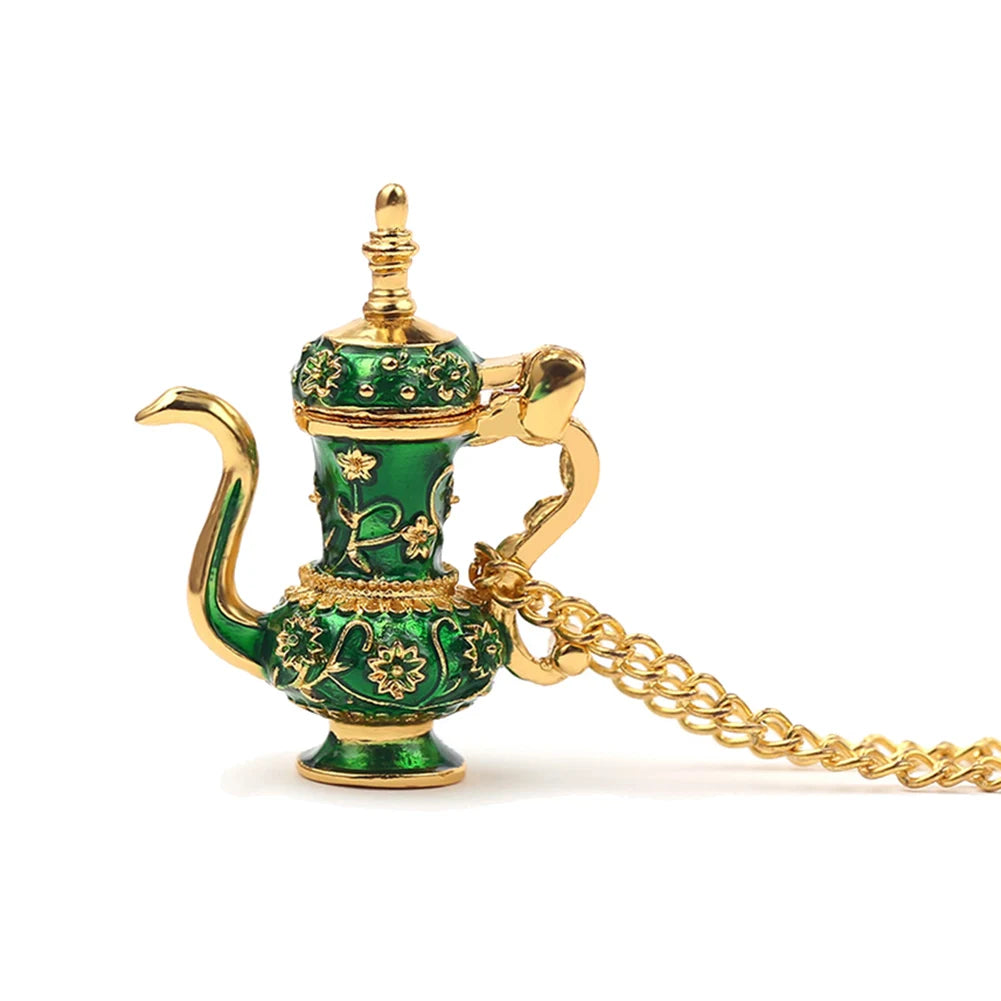 Vintage Enamel Green Teapot Pendant Long Chain Necklace Pendant Necklace PRIMED