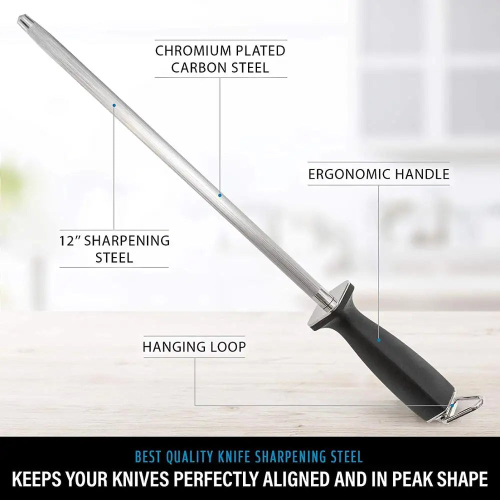 LMETJMA 12-Inch Diamond Honing Rod | Kitchen Knife Sharpener Knife Honing Rod PRIMED