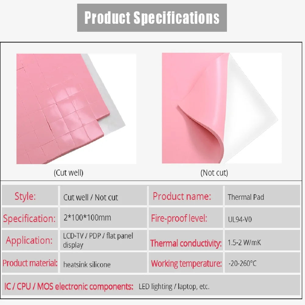 TISHRIC Silicone Thermal Pad CPU GPU 0.5–2mm | 100×100mm Sheet Thermal Pad PRIMED