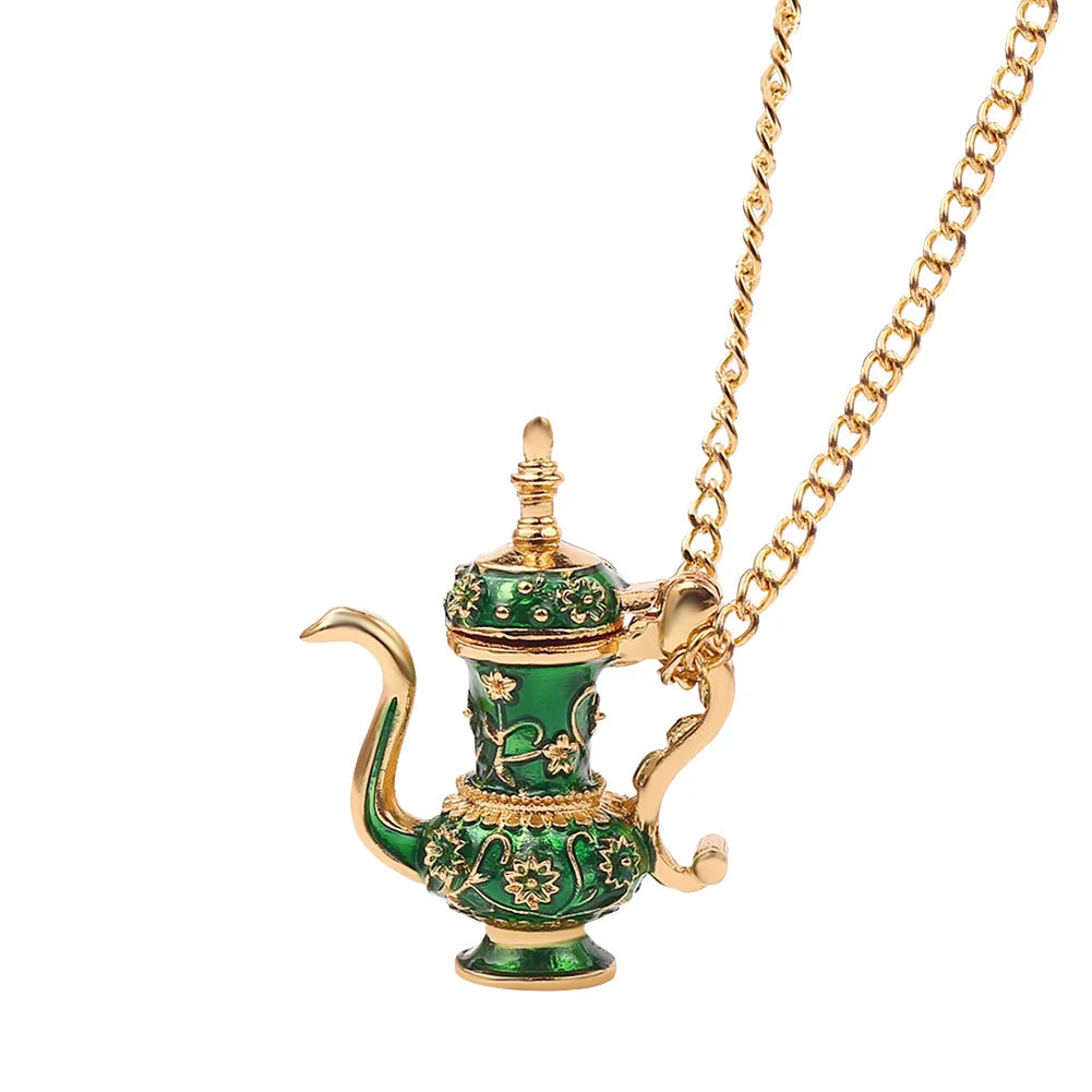 Vintage Enamel Green Teapot Pendant Long Chain Necklace Pendant Necklace PRIMED
