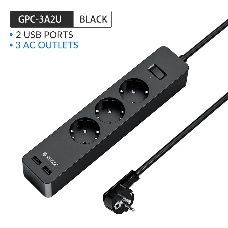 ORICO Power Strip 3/5 AC + 2 USB Surge Protector EU Plug Surge Protector Strip PRIMED 3AC 2USB Black EU Plug China