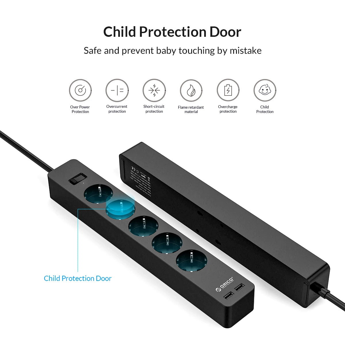 ORICO Power Strip 3/5 AC + 2 USB Surge Protector EU Plug Surge Protector Strip PRIMED
