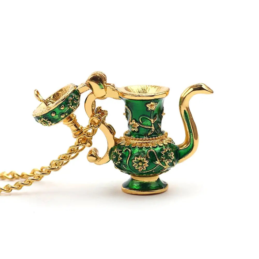 Vintage Enamel Green Teapot Pendant Long Chain Necklace Pendant Necklace PRIMED