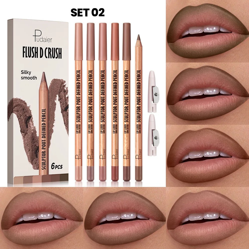 Pudaier Matte Nude Lip Liner Pencil Set – 6 Pcs Waterproof Lip Liner Set PRIMED 02