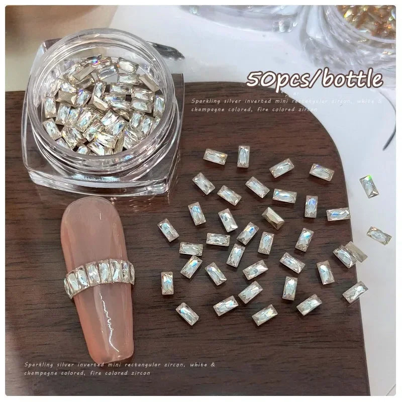 50Pcs Rectangular Zirconia Nail Rhinestones 2×4mm Clear & Champagne Nail Art Rhinestones PRIMED