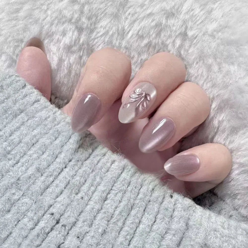 Almond Press-On Nails – French Floral & Fruit Designs 24pc