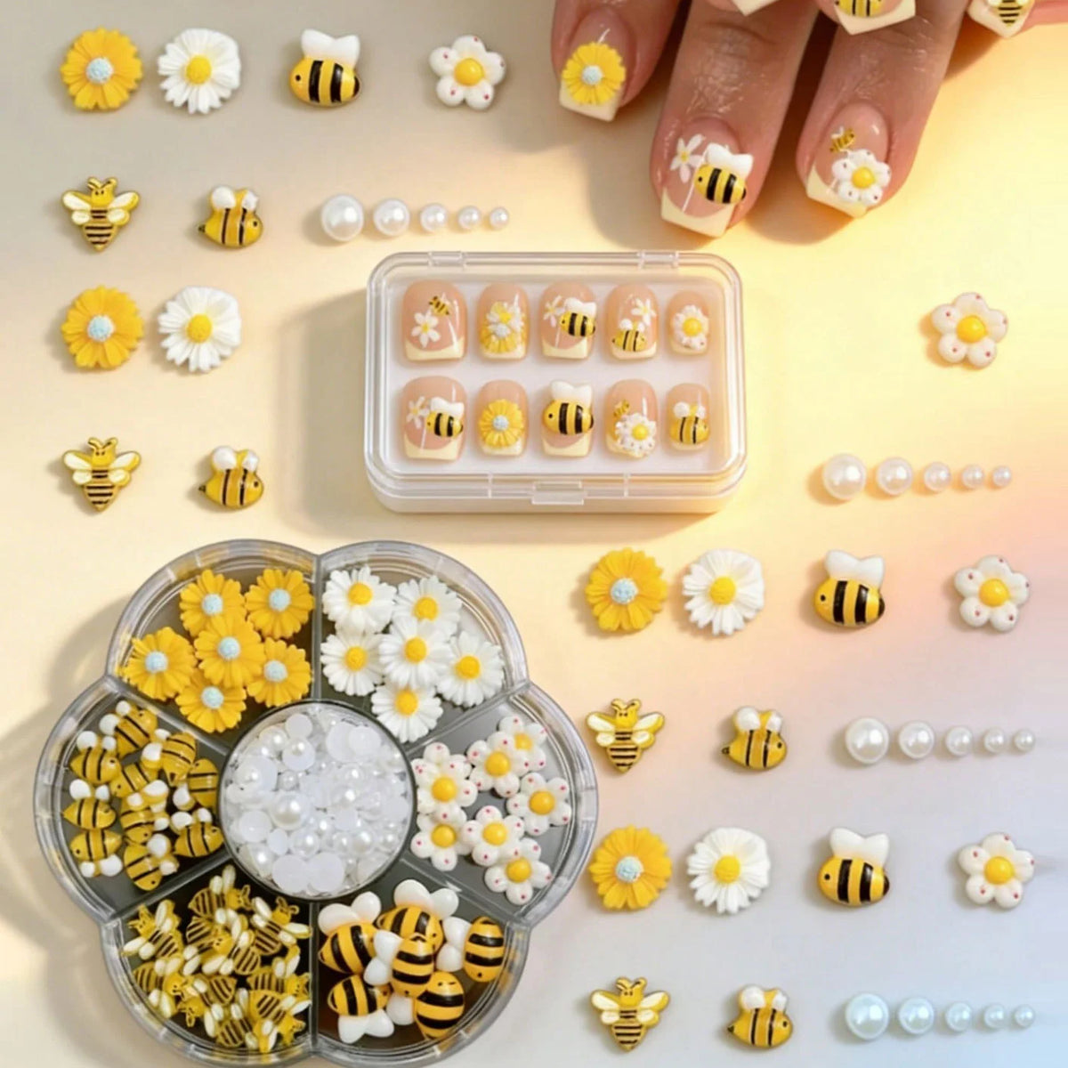 7-Grid Daisy Bee Nail Charms – Spring Flowers & Pearls Set Nail Art Charms PRIMED