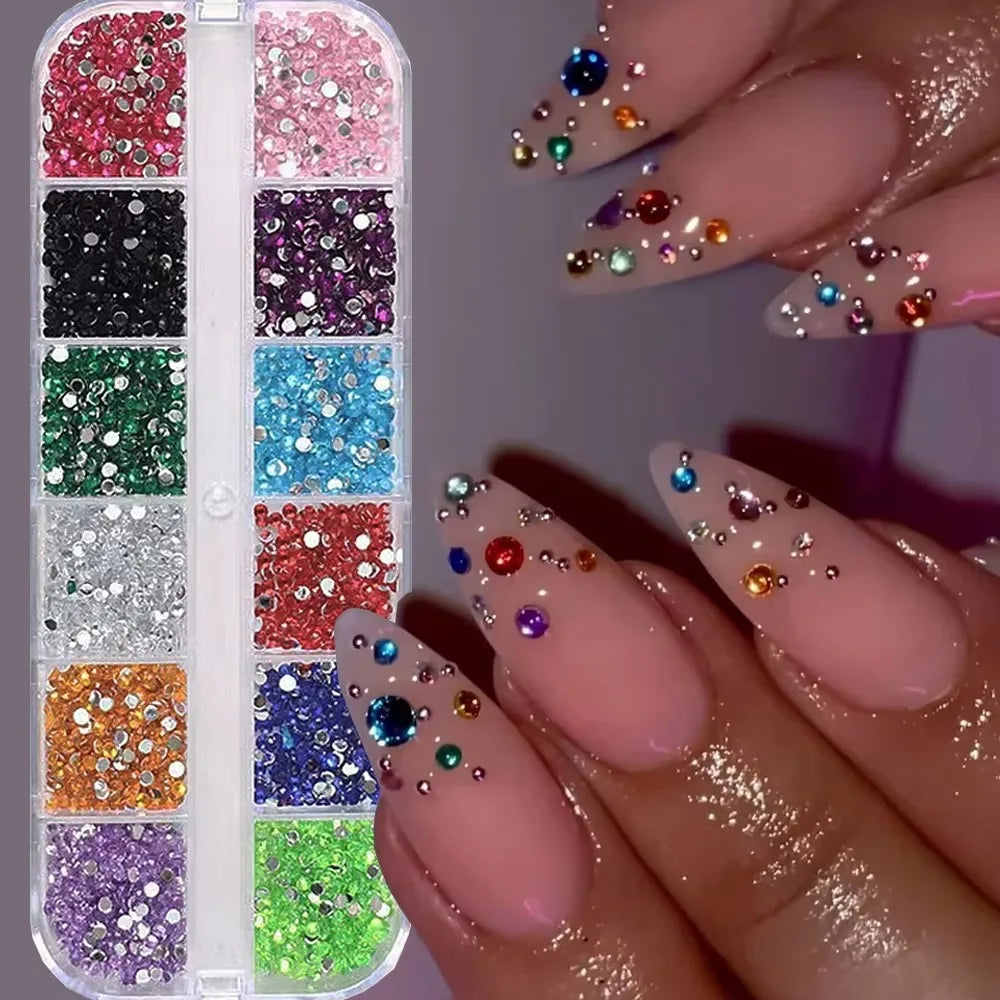 12-Grid Nail Rhinestone Charms – Flatback Crystal Gems Set Nail Art Rhinestones PRIMED