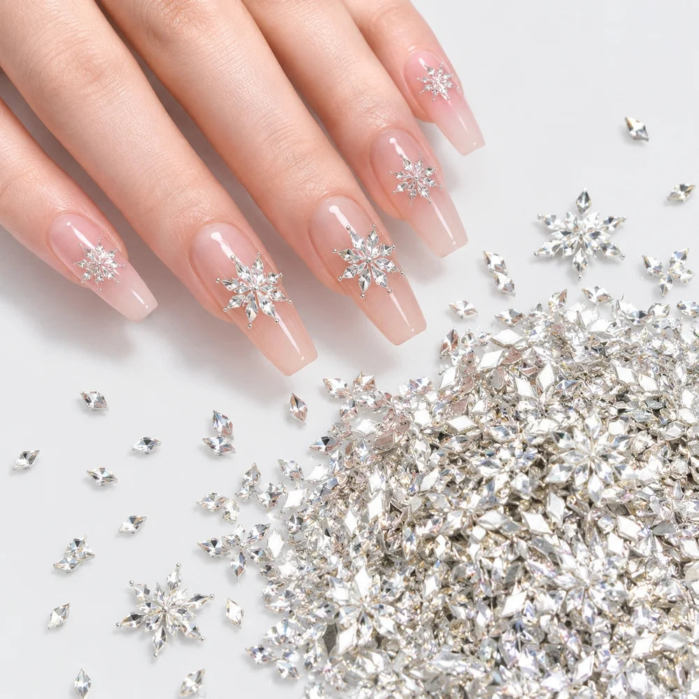 Rhombus Zircon Snowflake Nail Crystals 100Pcs – White & Champagne