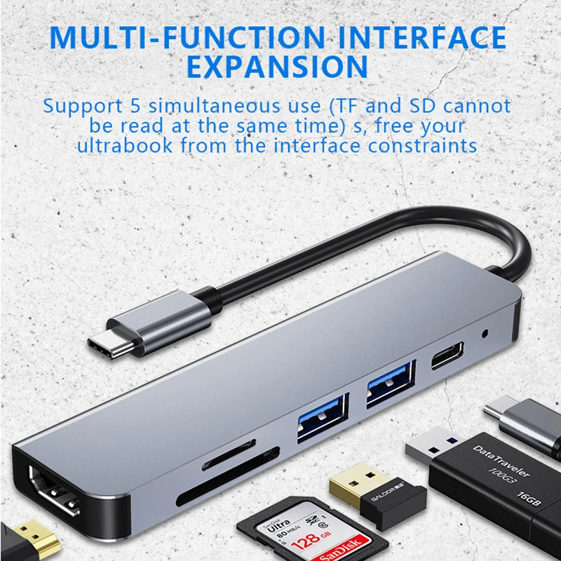 UTHAI 6-in-1 USB-C Hub – 4K HDMI, USB 3.0, SD/TF, PD