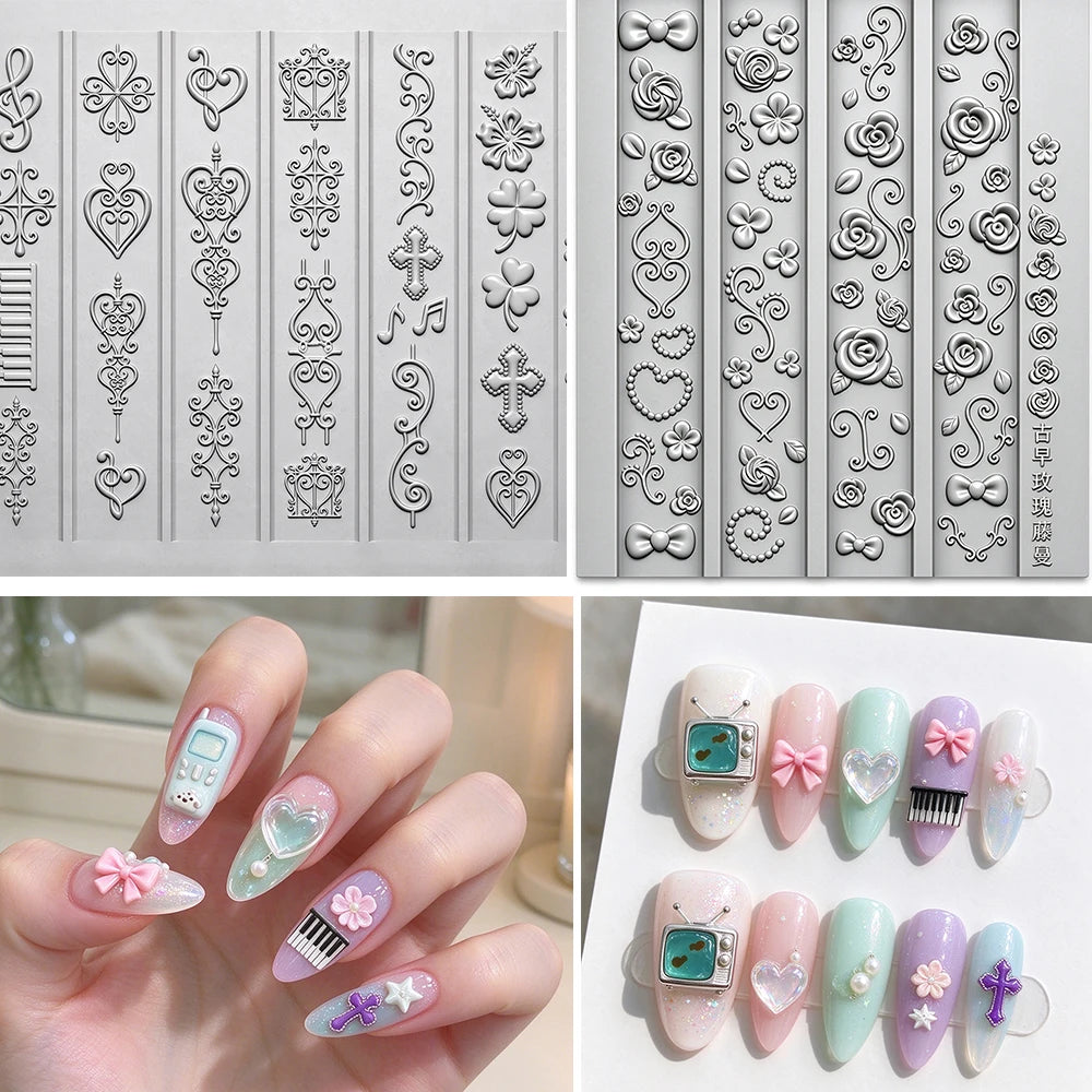 Y2K Flower Bow Nail Art Silicone Molds – Retro Hearts & Floral