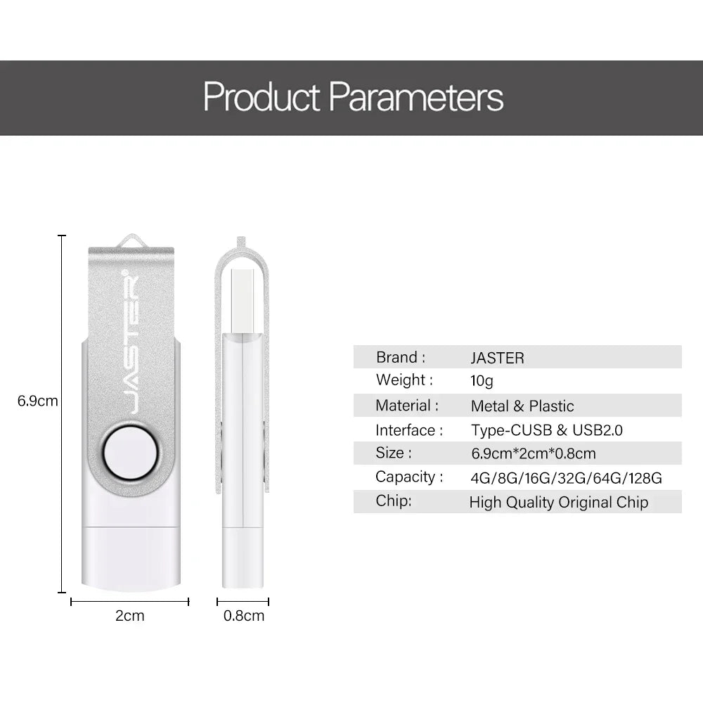 JASTER USB Type-C Flash Drive 16–128GB | 2-in-1 Pendrive USB Flash Drive PRIMED