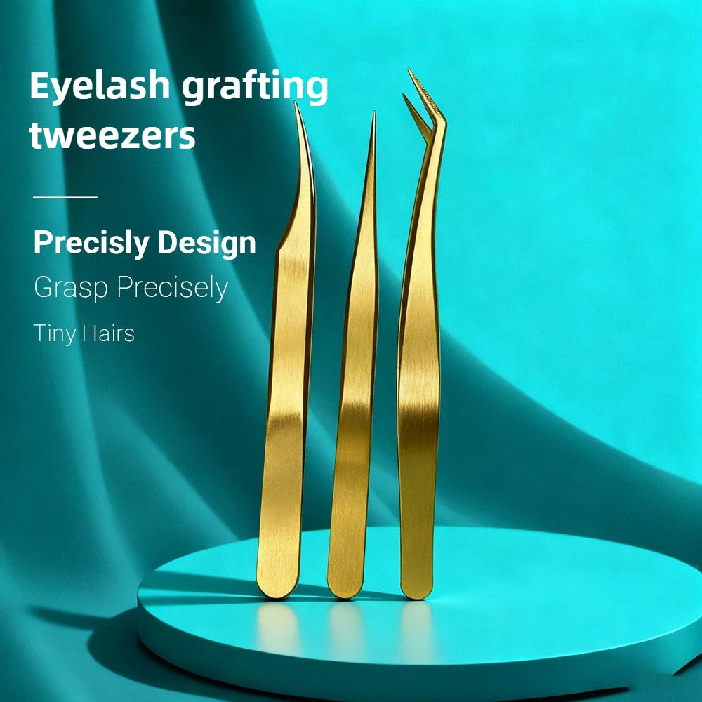 Ouriner Golden Eyelash Tweezers Set – Stainless Steel Lash Tool Eyelash Tweezers Set PRIMED