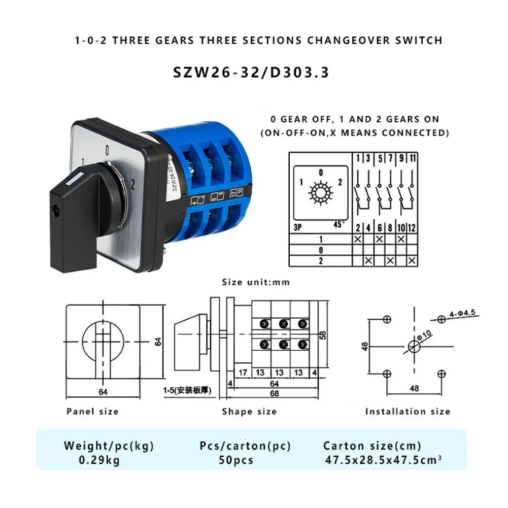 SZW26-32 3-Position Changeover Switch 32A 660V 3 Section Changeover Switch PRIMED