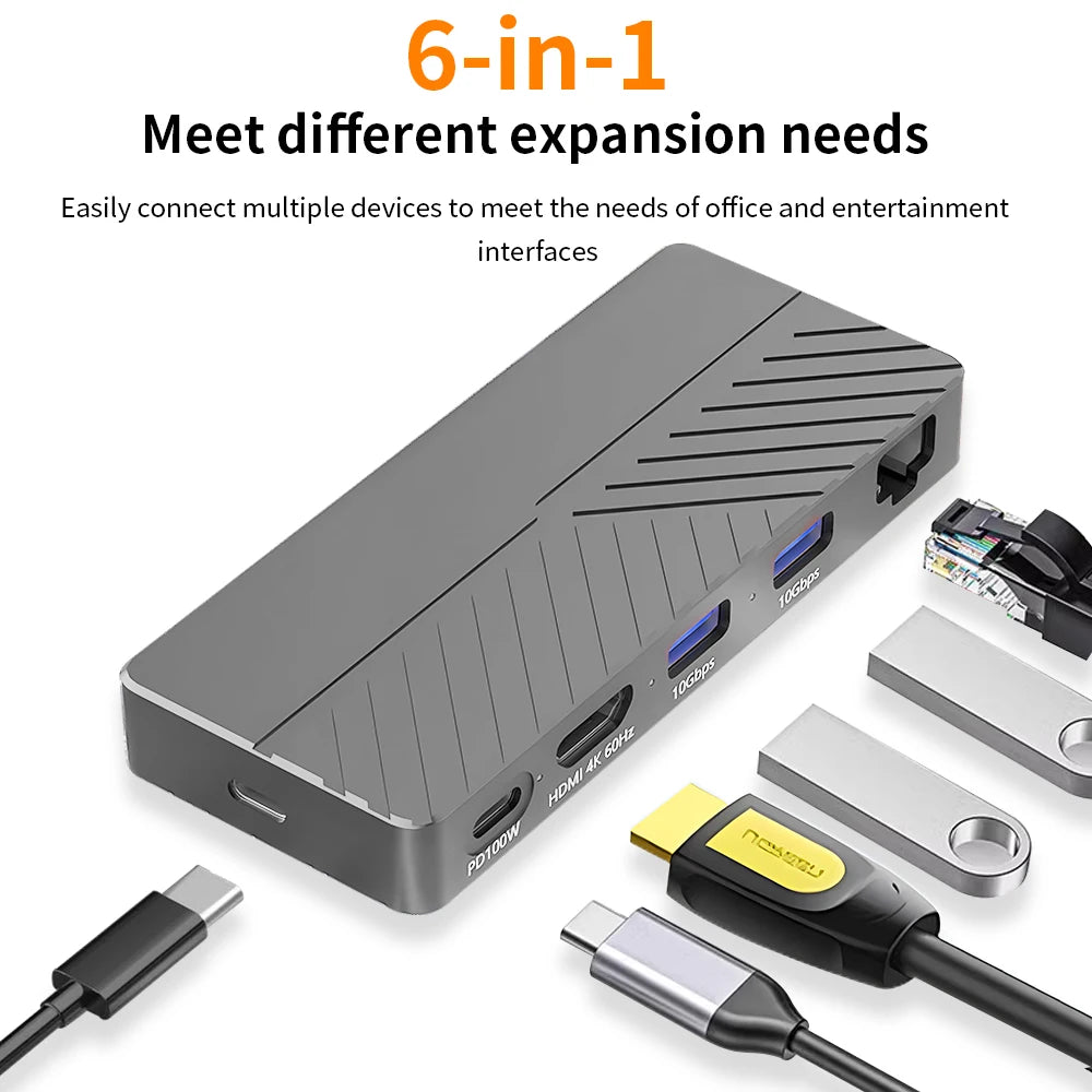 TISHRIC M.2 NVMe SSD Enclosure 6-in-1 USB-C Hub 4K 10Gbps SSD Enclosure Hub PRIMED