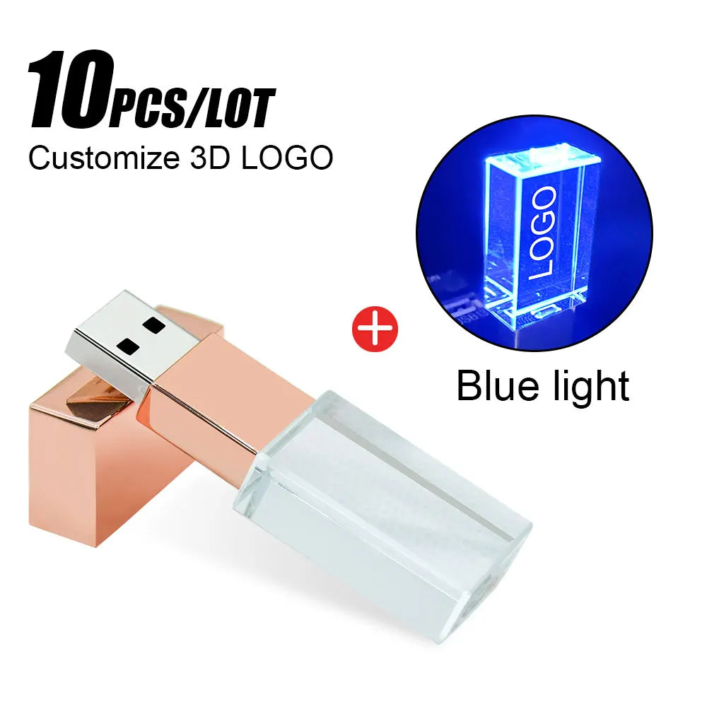 10-Pack Crystal USB 2.0 Flash Drive LED Light 4GB–128GB Logo USB Flash Drive PRIMED 32 GB Rose-Blue
