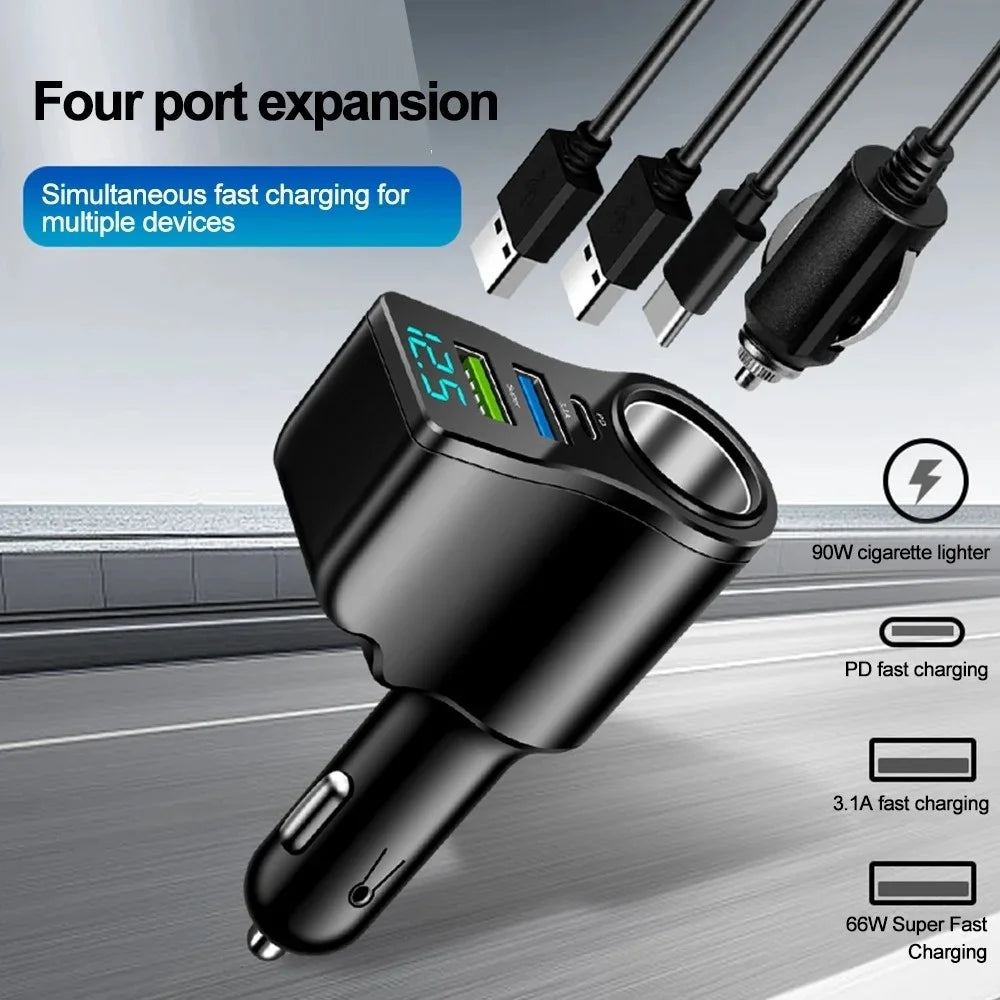 66W Digital Car Charger – Dual USB & PD Fast Charging Adapter Car Charger Adapter PRIMED