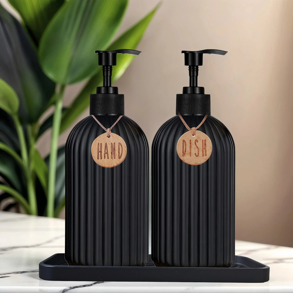2-Pack Black Soap Dispensers & Silicone Tray – 500ml Refillable Soap Dispenser Set PRIMED