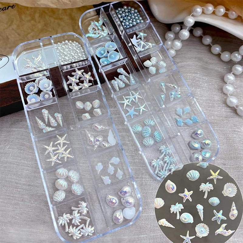 12-Grid Ocean Nail Charms Set – Starfish, Shell & Pearl Art Nail Art Charms PRIMED