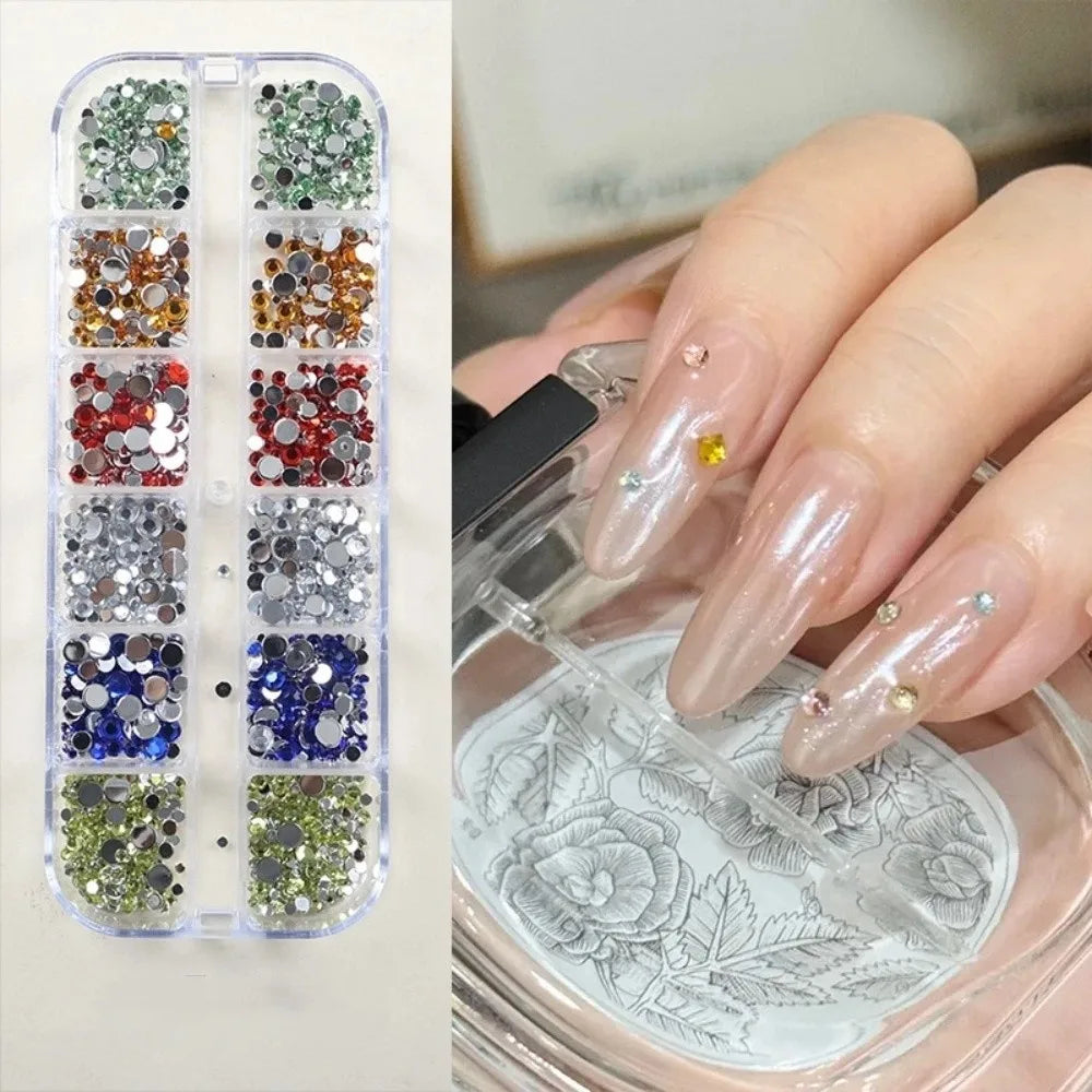 12-Grid Nail Rhinestone Charms – Flatback Crystal Gems Set Nail Art Rhinestones PRIMED 06