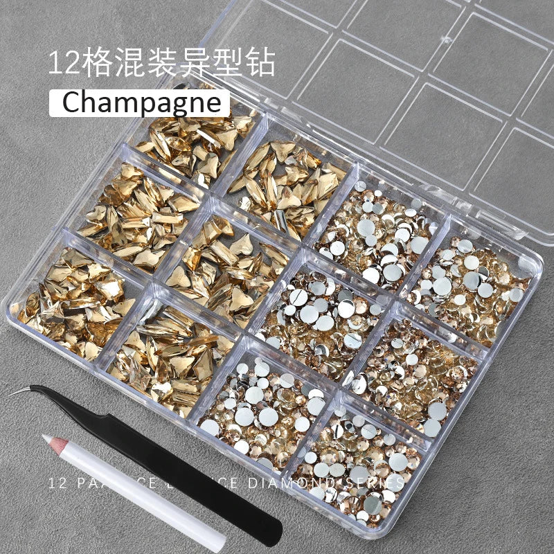 3D Crystal Nail Rhinestones Kit – 12 Shapes, Gems & Tweezer Nail Rhinestone Kit PRIMED ZB148-3