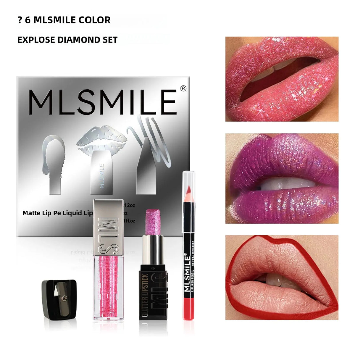 MLSMILE Diamond Lip Gloss, Matte Liner & Lipstick Kit