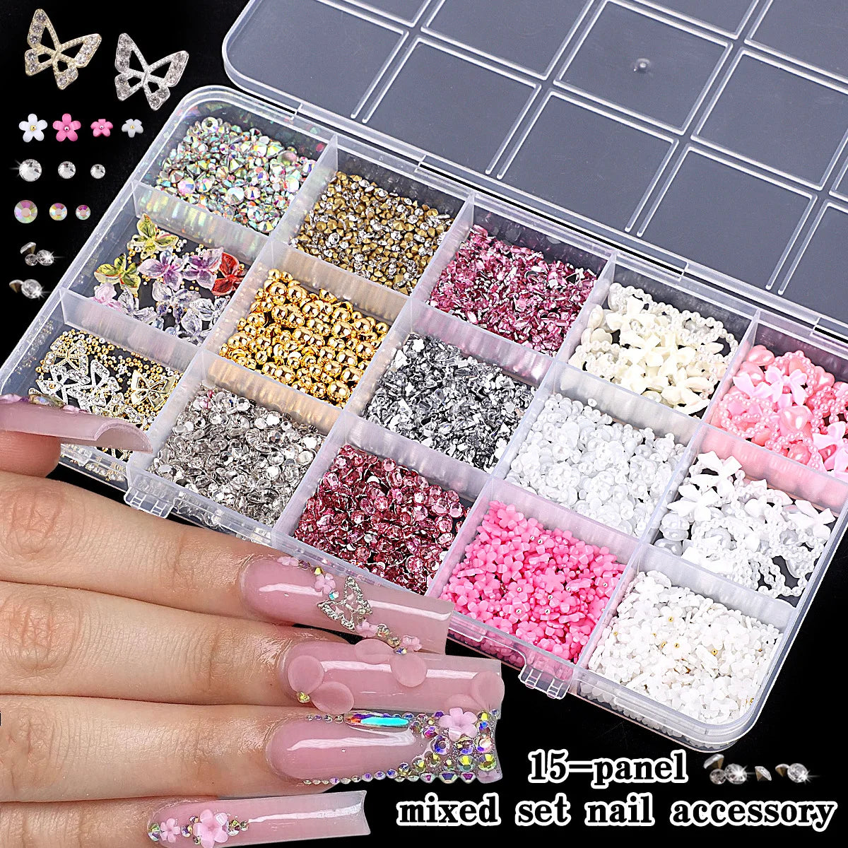 10,000Pcs 3D Butterfly Nail Charms Kit – 15-Grid Box & Tools