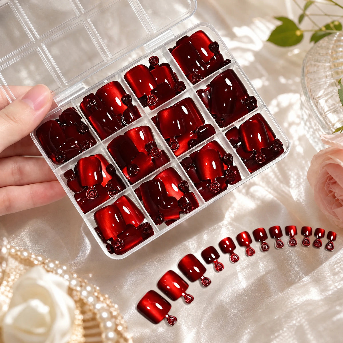 144Pcs Rose Red Cat Eye Press-On Toenails | Short Square Tips