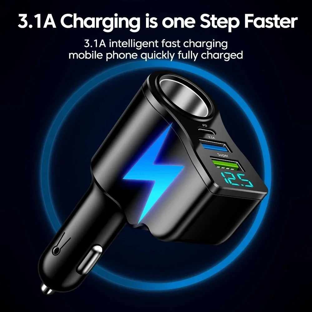 66W 4-Port Car Charger – USB-C PD & Dual USB Fast Charging Car Charger Adapter PRIMED
