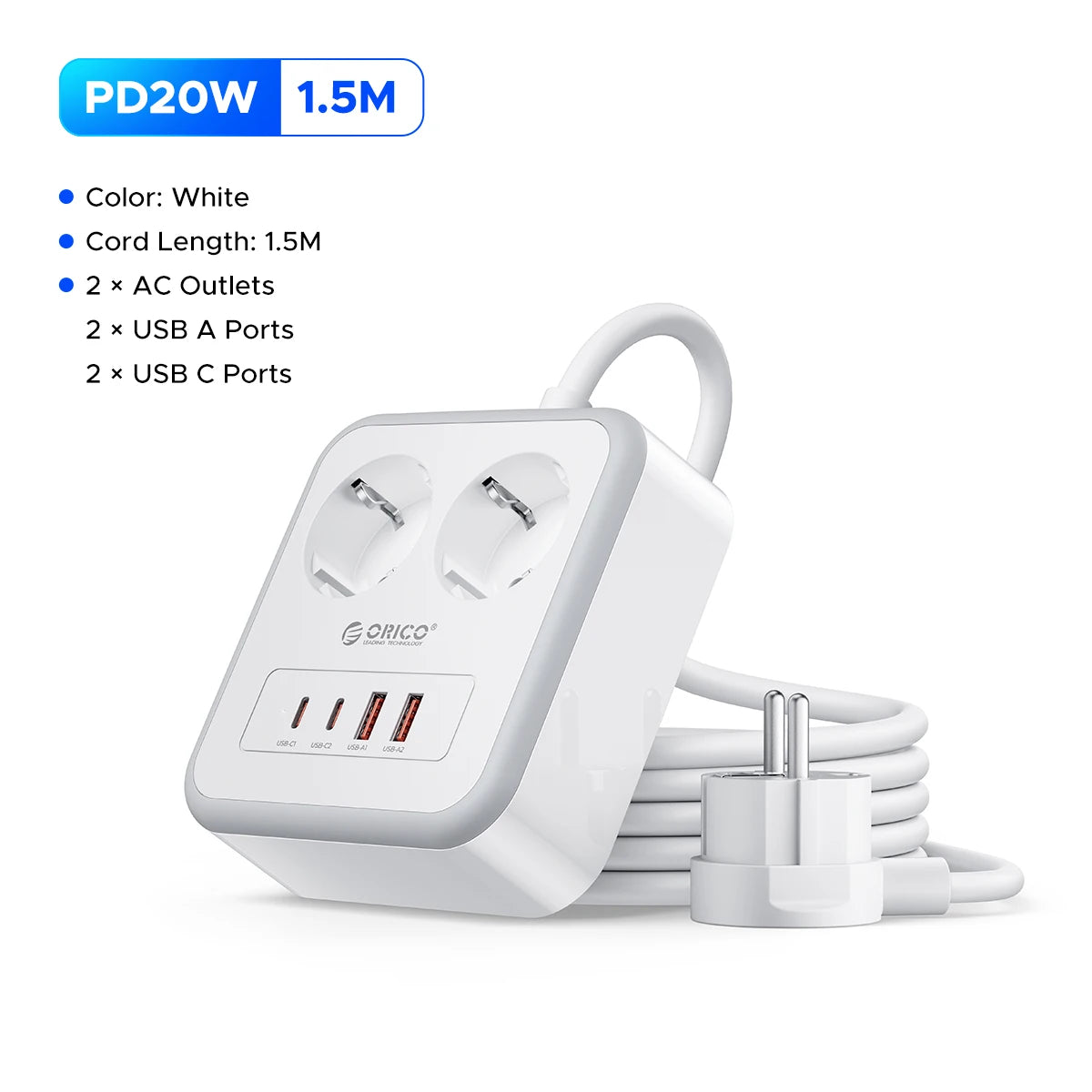 ORICO Desktop Power Strip PD20W USB-C USB-A EU Plug Charging Station Desktop Power Strip PRIMED 1.5M 2A2U2C White China Mainland EU Plug